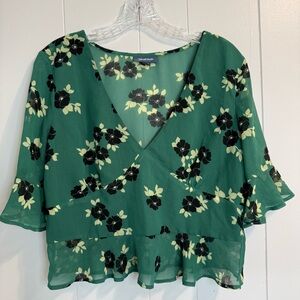 Modcloth Sheer Cropped Floral Blouse Woman’s L Fairy Ethereal Cottagecore Ruffle